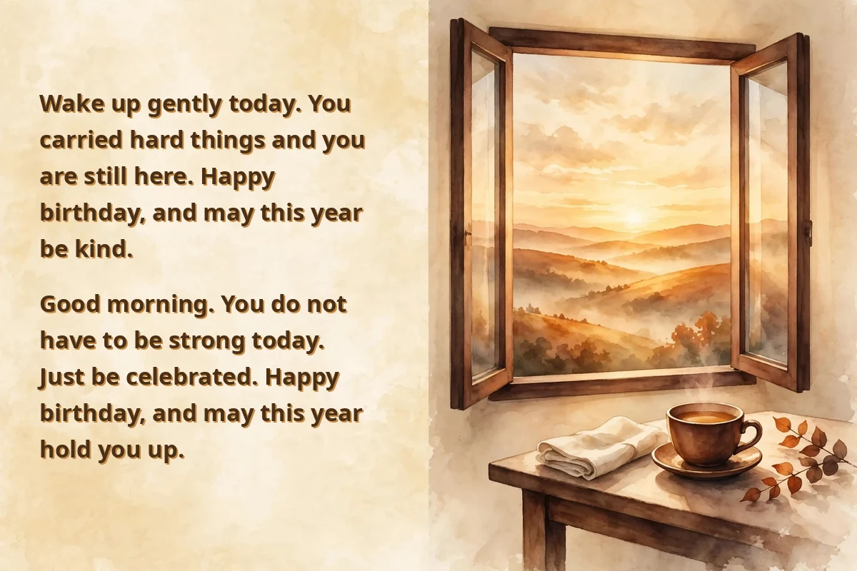 Birthday morning blessings after a hard year on a gold greeting card image at sunrise