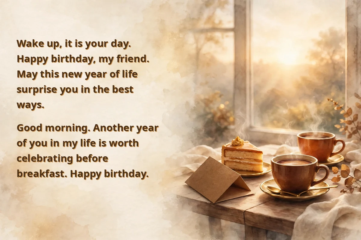Birthday morning blessings for a friend on a gold greeting card image at sunrise