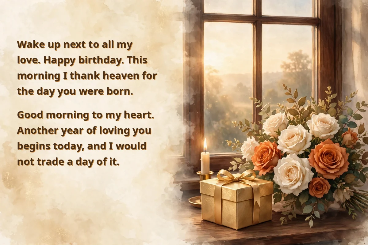 Birthday morning blessings for someone you love on a gold greeting card image at sunrise