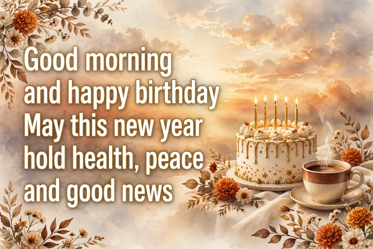 Birthday morning blessings image with a birthday cake and gold candles at sunrise