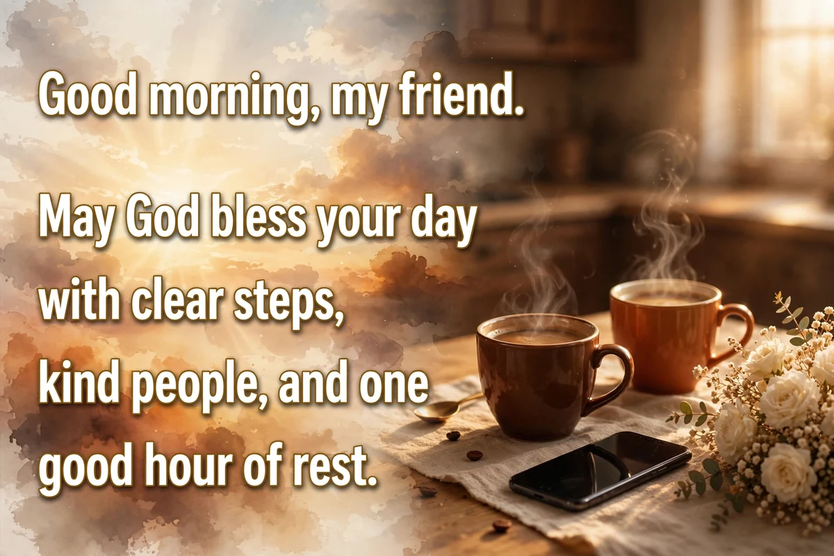Catholic morning blessings for a friend image with two coffee cups and a phone on a kitchen table at sunrise with cream flowers