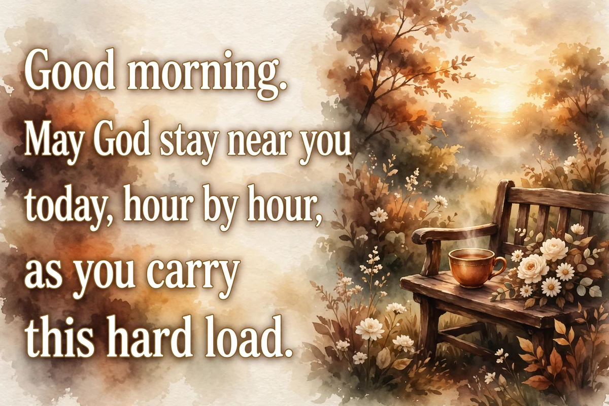 Catholic morning blessings for a hard morning image with a quiet garden bench, a tea cup and cream flowers at sunrise
