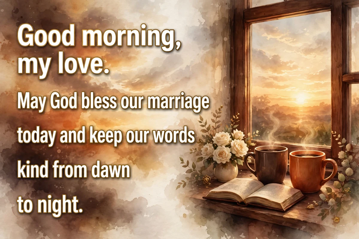 Catholic morning blessings for a husband or wife image with two mugs and an open book by a sunrise window with cream roses