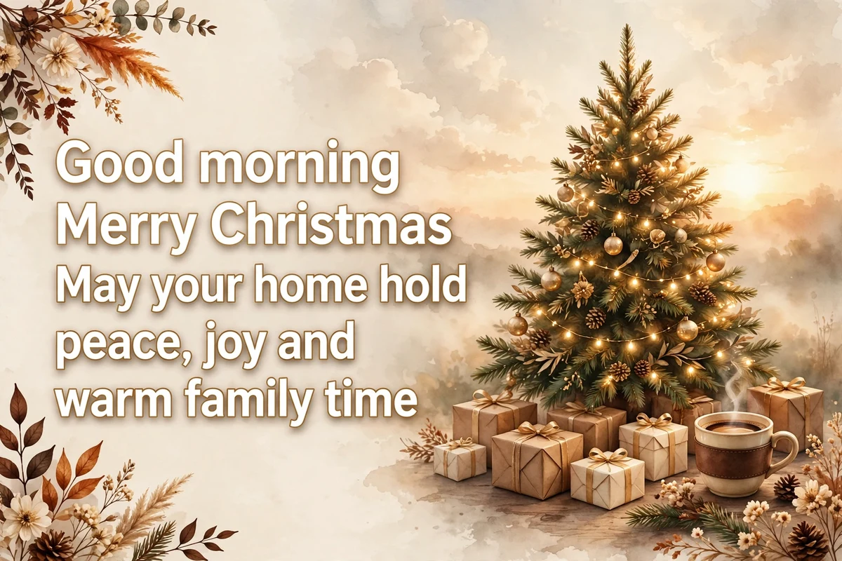Christmas morning blessings image with a Christmas tree and gold lights at sunrise