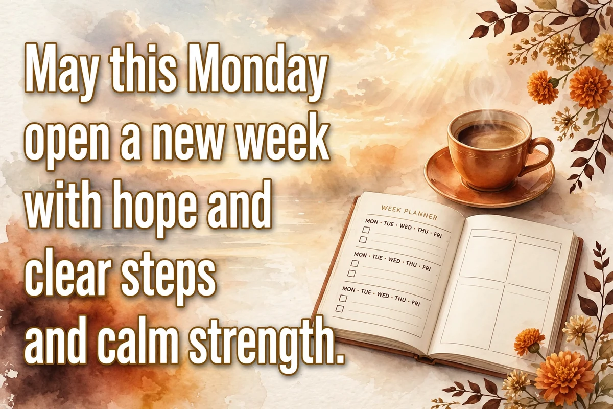 Monday morning blessings for a new week image with a coffee cup and a week planner at sunrise