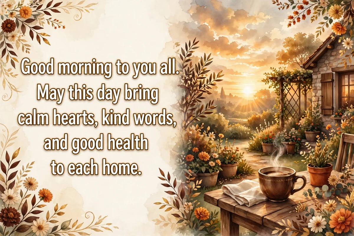 Morning blessing messages for Facebook image with a sunrise over a home garden