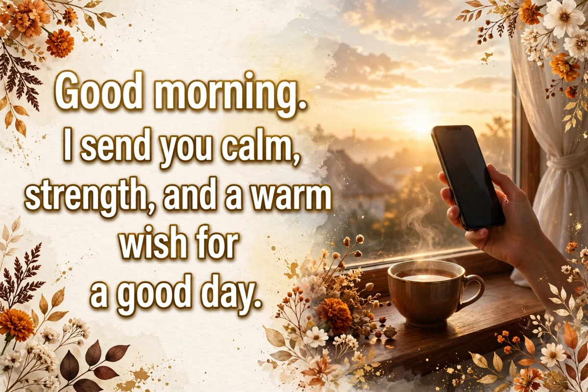 Morning blessing messages for text message image with a phone by a window at sunrise