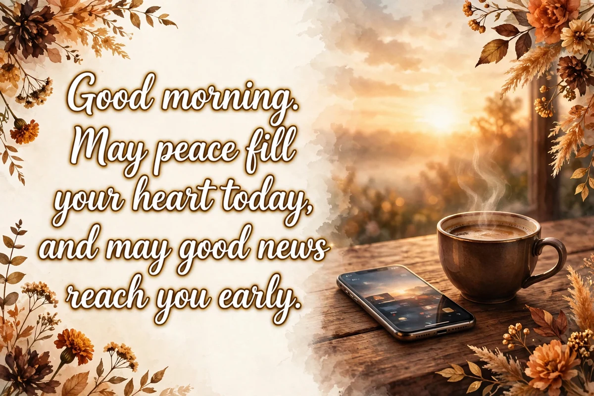 Morning blessing messages for WhatsApp image with a phone and a coffee cup at sunrise