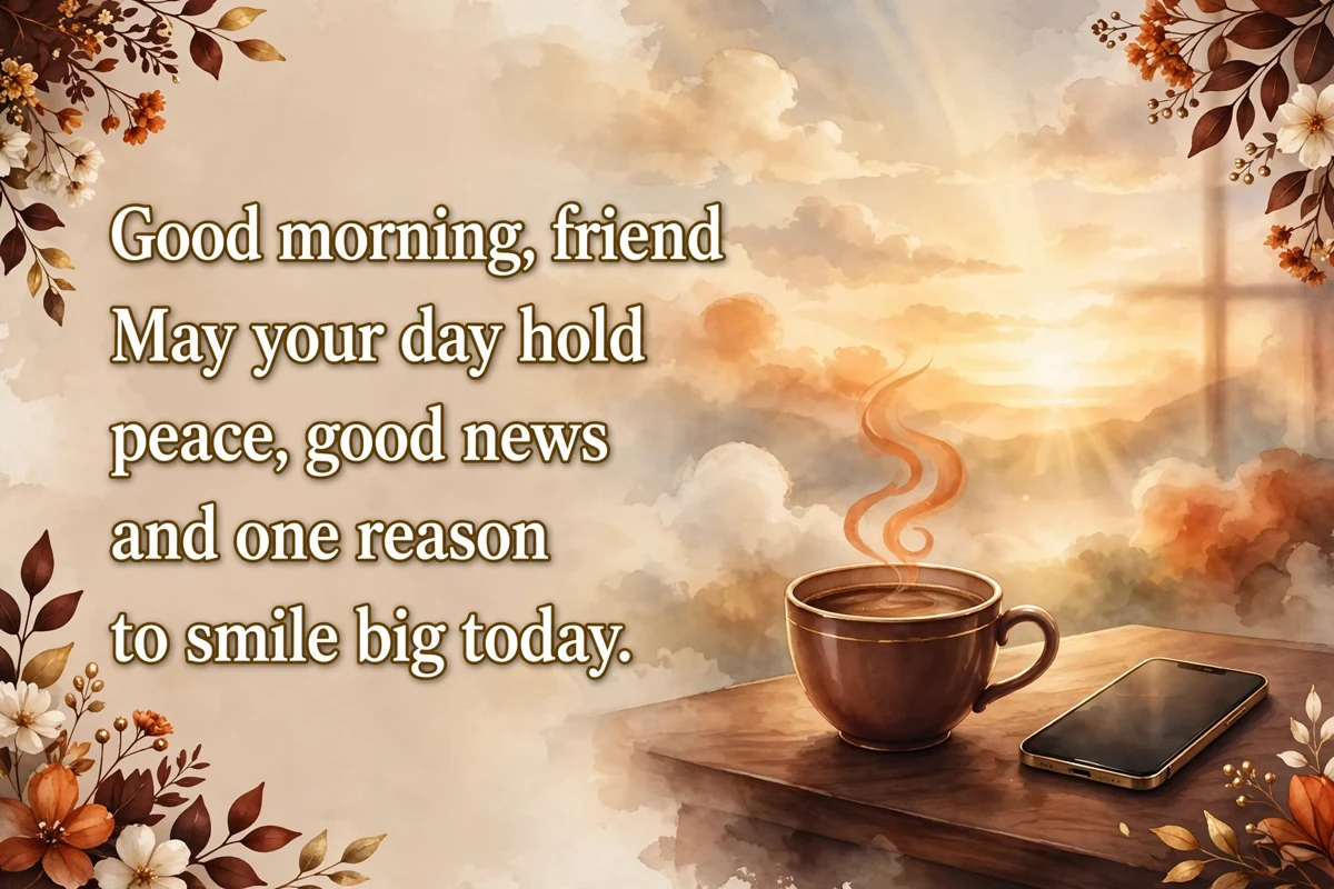 Morning blessings for a friend image with a coffee cup and a phone at sunrise