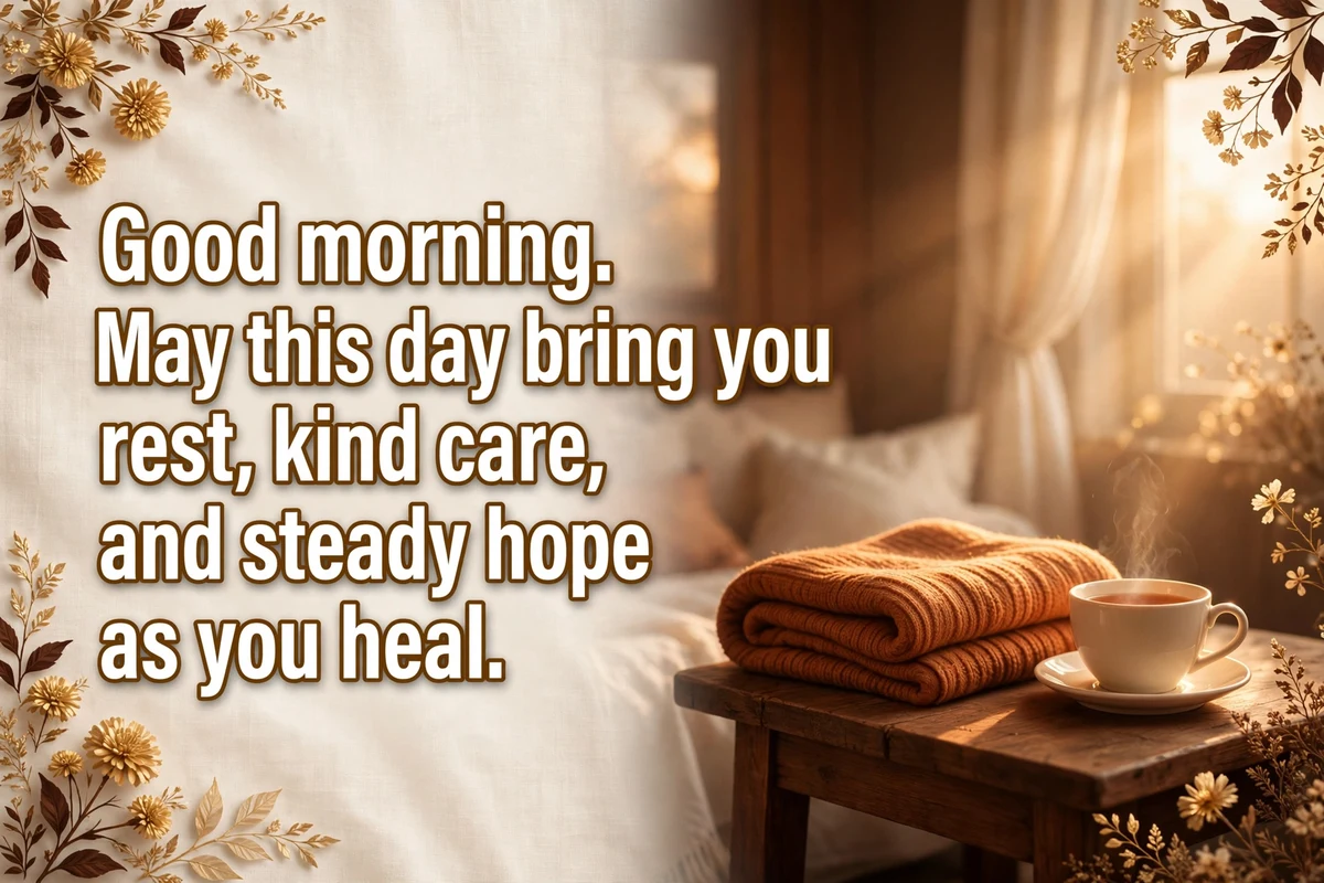 Morning blessings for healing image with a tea cup and soft sunrise light