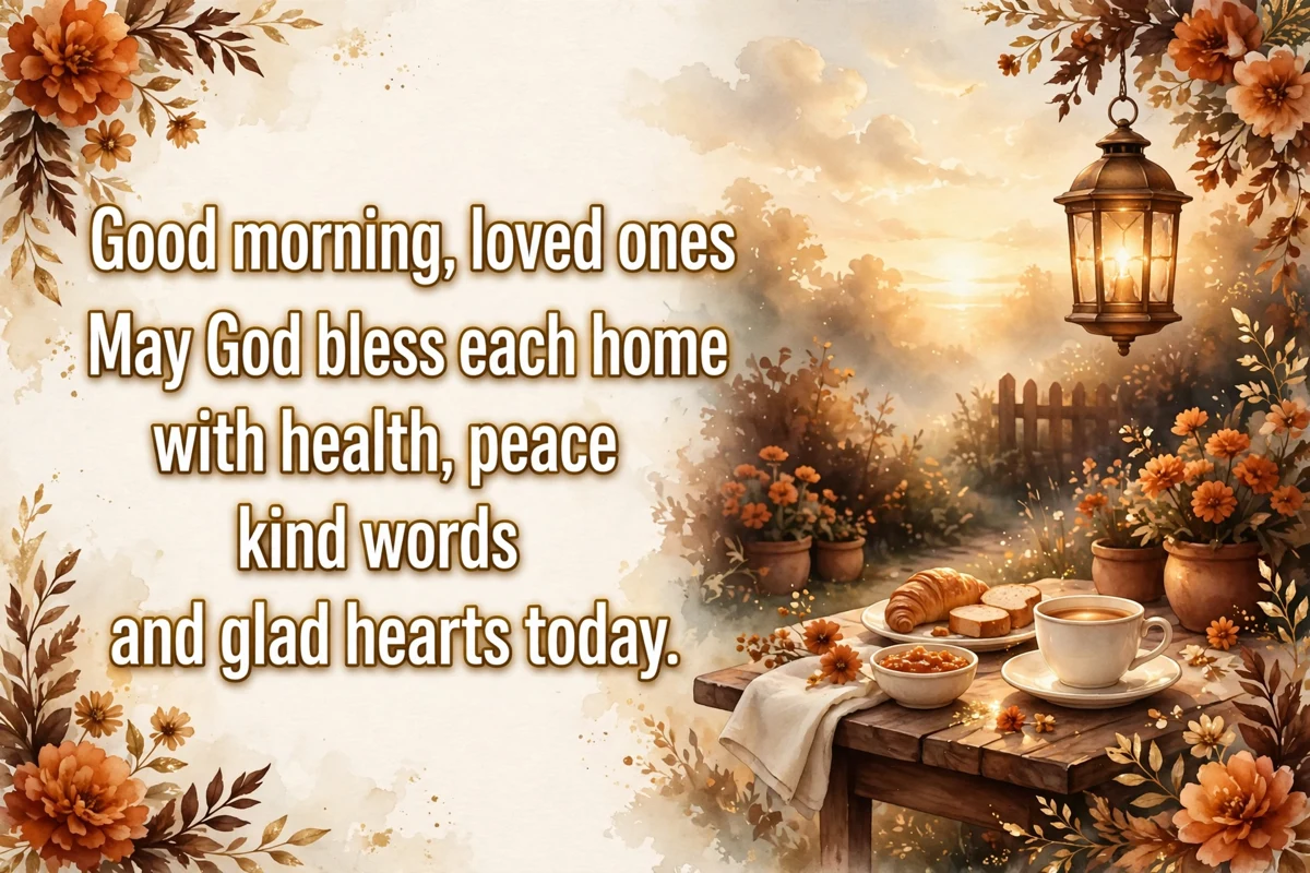 Morning blessings for loved ones image with a lantern and a breakfast table at sunrise