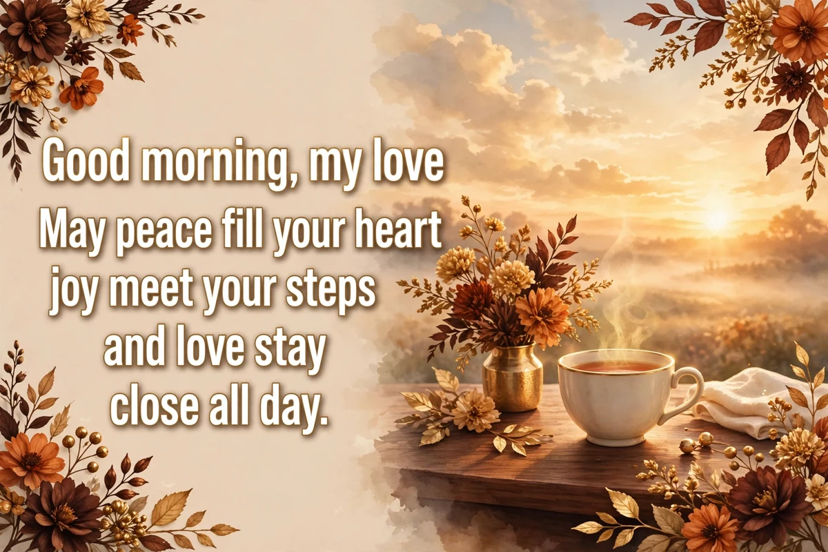 Morning blessings for my love image with a tea cup and gold flowers at sunrise