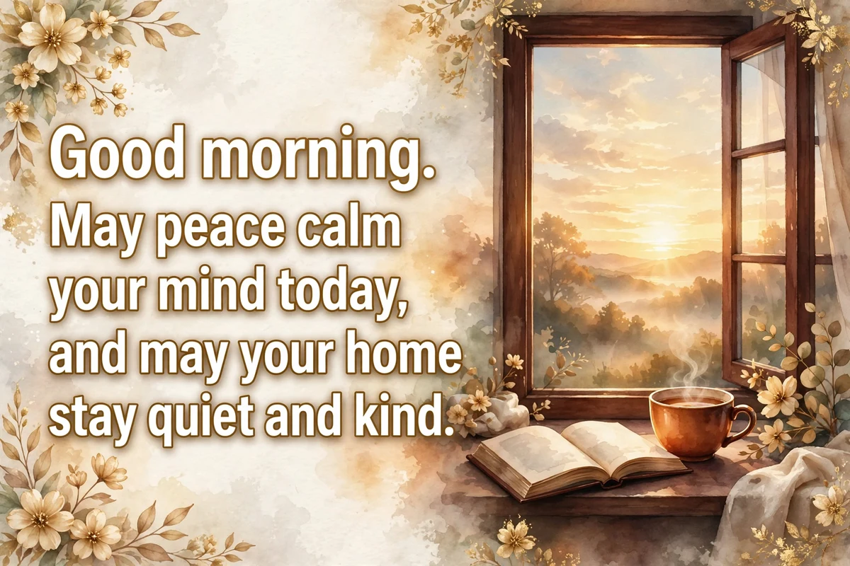 Morning blessings for peace image with a tea cup and an open book at sunrise