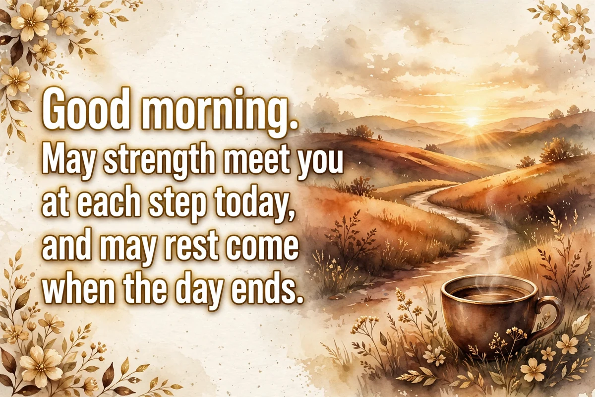 Morning blessings for strength image with a sunrise path and a coffee cup
