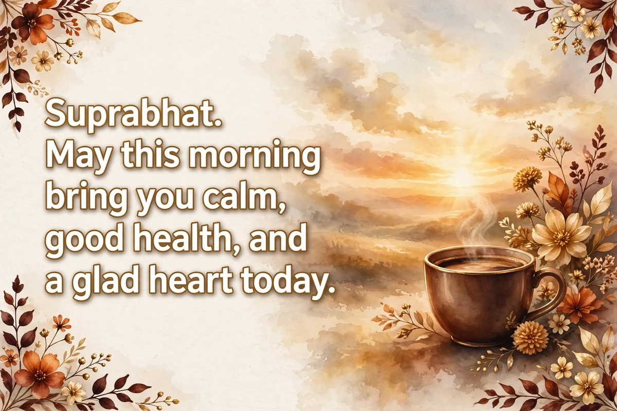 Morning blessings in Bengali and Gujarati image with a coffee cup and gold flowers at sunrise
