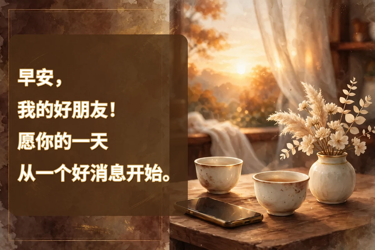 Morning blessings in Chinese for a friend image with two tea cups and cream flowers on a kitchen table at sunrise