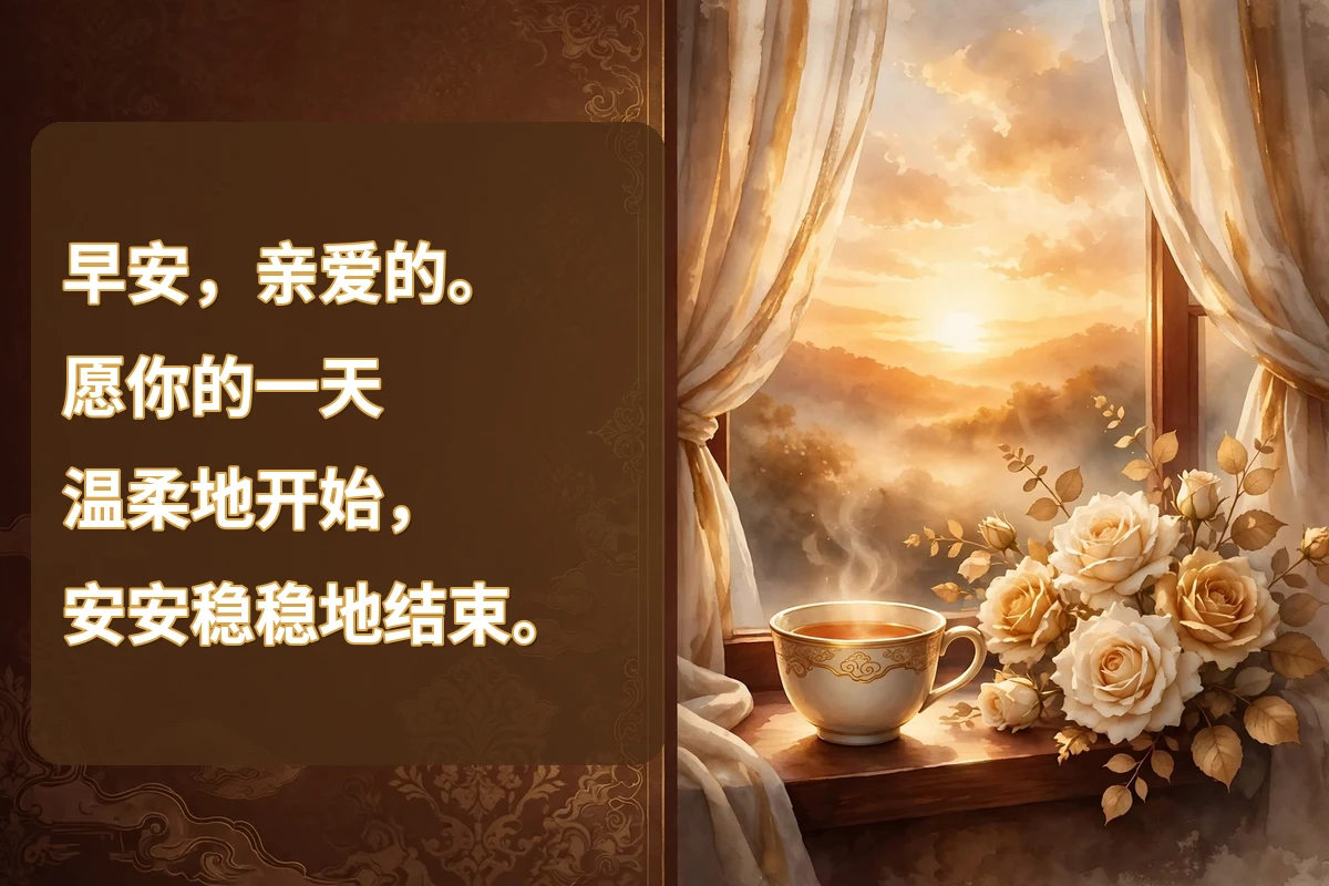 Morning blessings in Chinese for someone you love image with cream roses and a warm tea cup by a sunrise window
