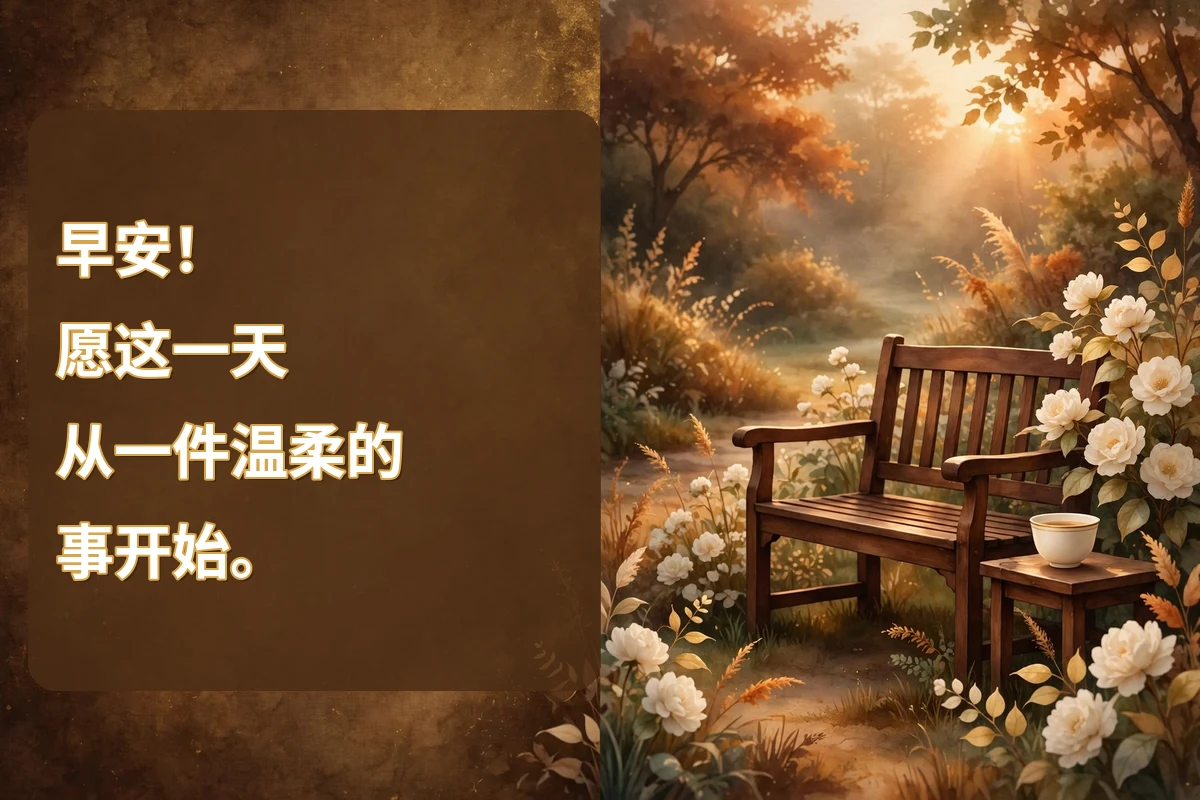 Morning blessings in Chinese on a hard morning image with a quiet garden bench, a tea cup and cream flowers at sunrise