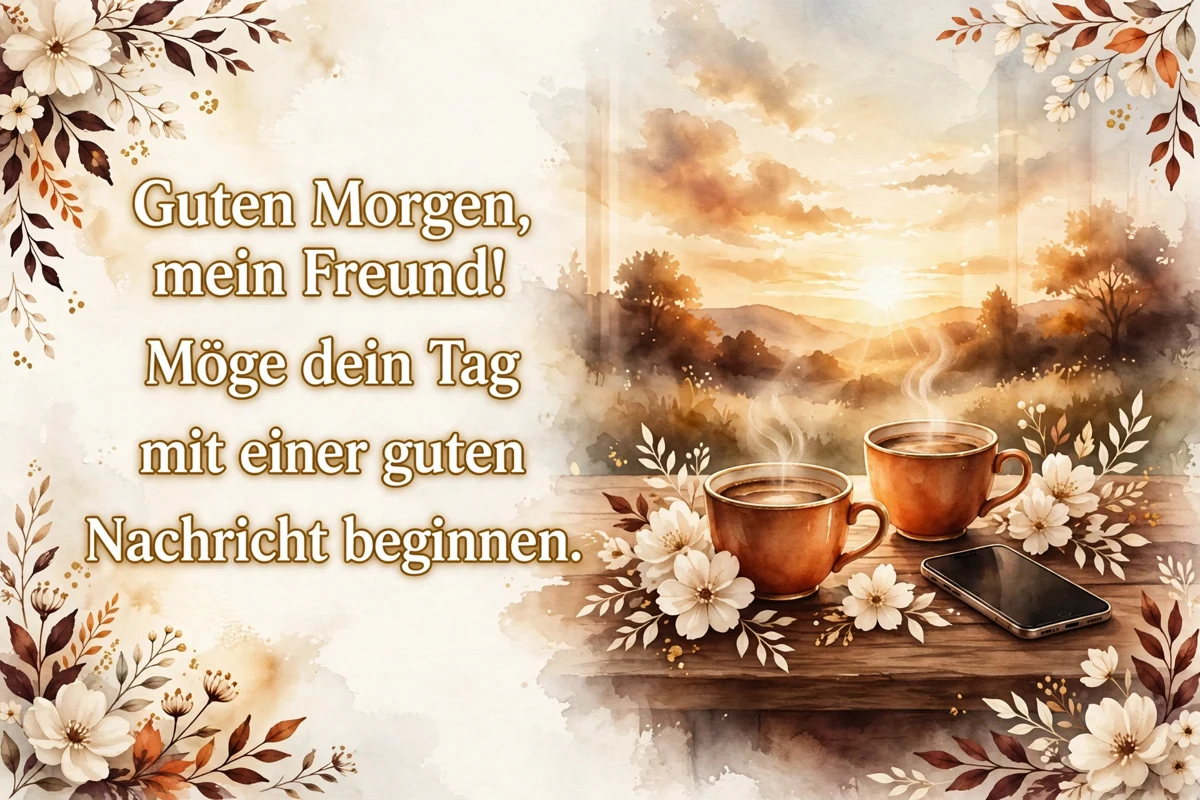 Morning blessings in German for a friend image with two coffee cups and cream flowers on a kitchen table at sunrise