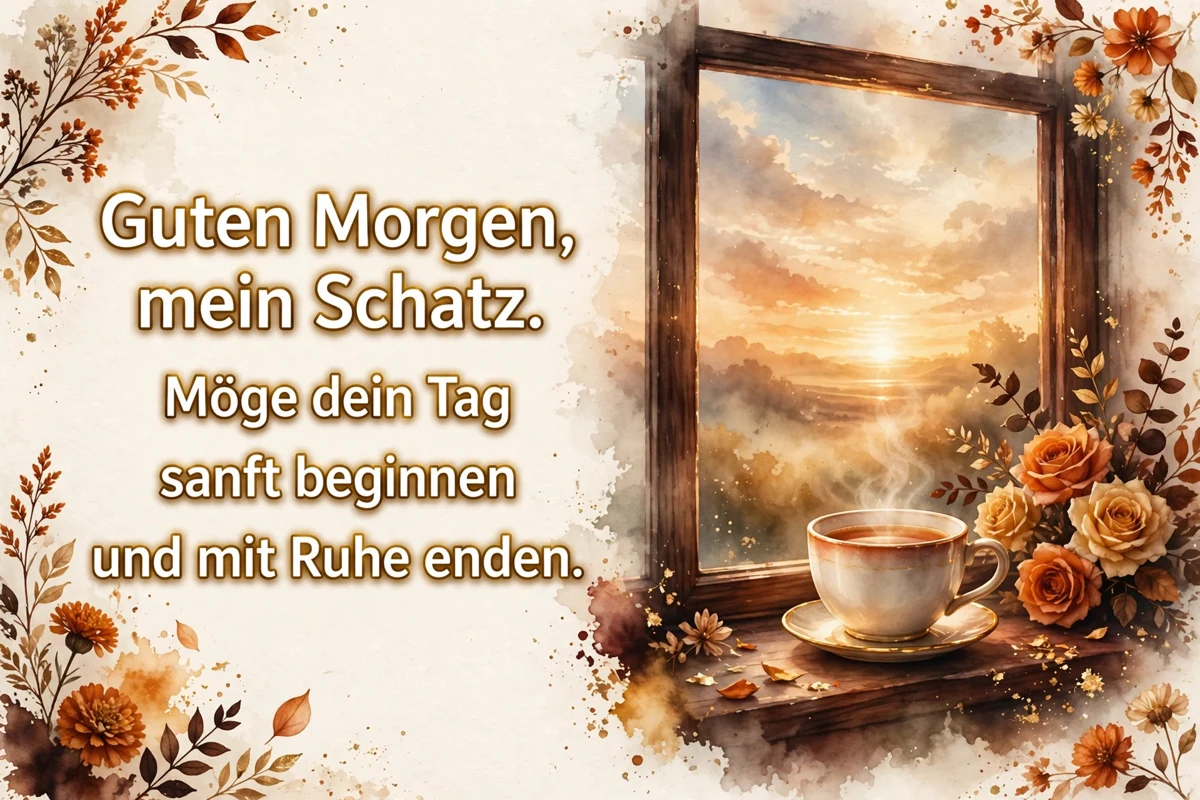 Morning blessings in German for someone you love image with roses and a warm tea cup by a sunrise window
