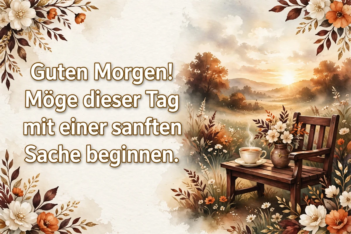 Morning blessings in German on a hard morning image with a quiet garden bench, a tea cup and cream flowers at sunrise