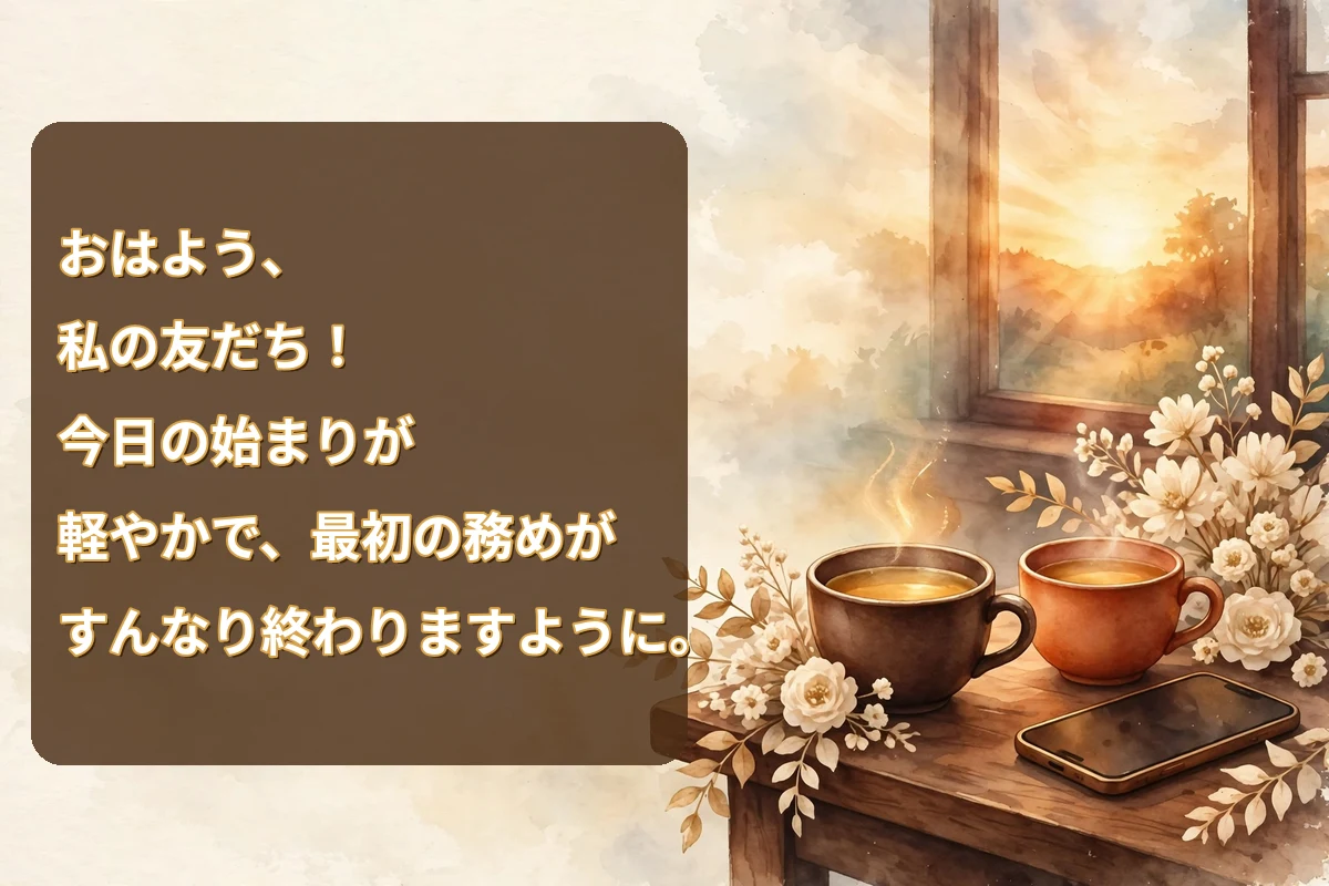Morning blessings in Japanese for a friend image with two tea cups and cream flowers on a kitchen table at sunrise