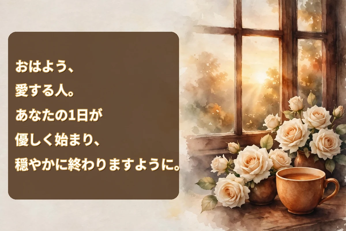 Morning blessings in Japanese for someone you love image with cream roses and a warm tea cup by a sunrise window