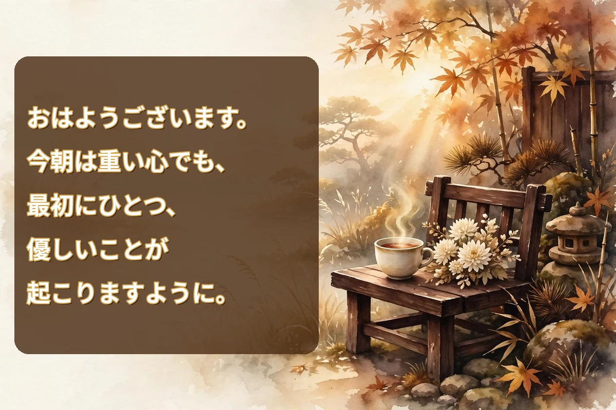 Morning blessings in Japanese on a hard morning image with a quiet garden bench, a tea cup and cream flowers at sunrise