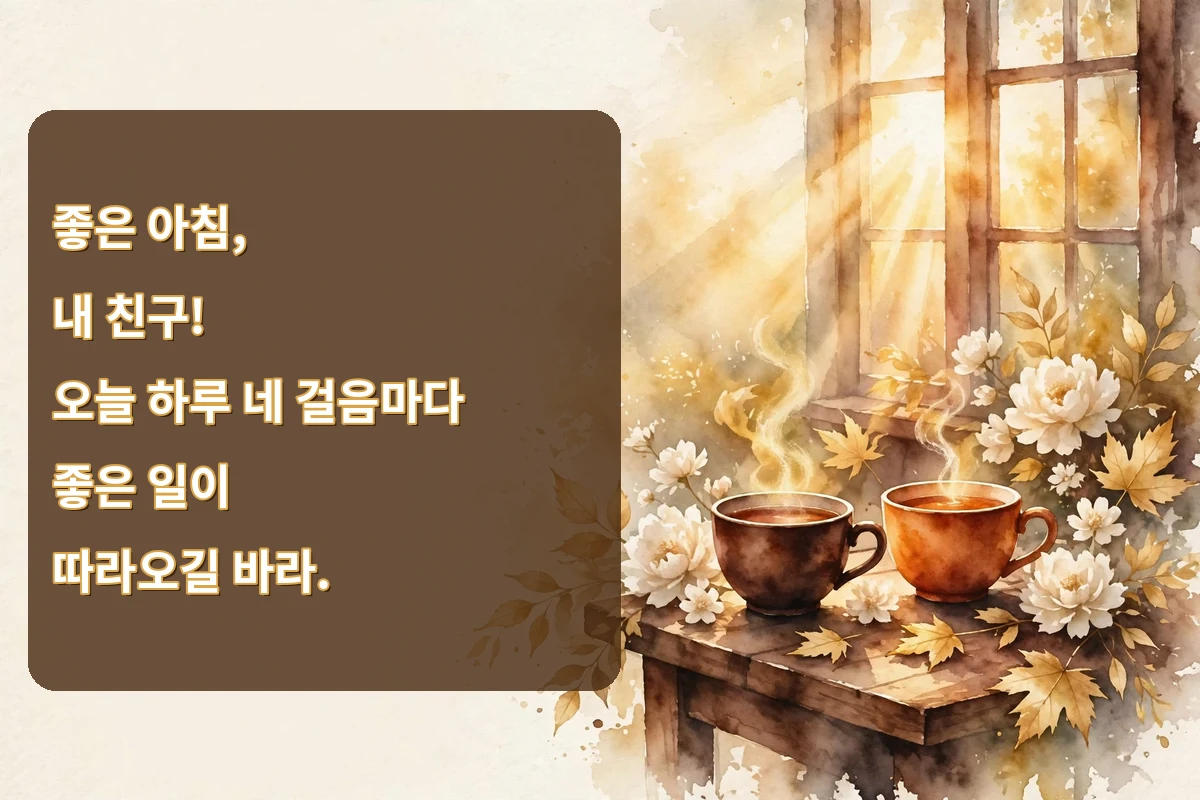 Morning blessings in Korean for a friend image with two tea cups and cream flowers on a kitchen table at sunrise