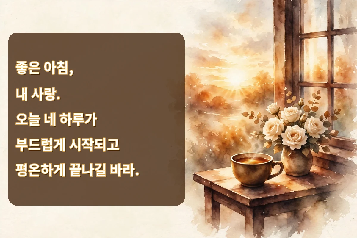 Morning blessings in Korean for someone you love image with cream roses and a warm tea cup by a sunrise window
