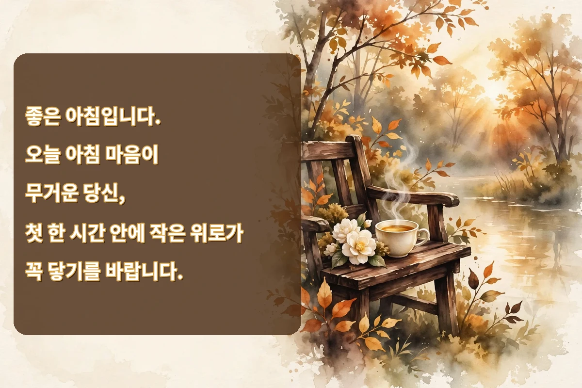 Morning blessings in Korean on a hard morning image with a quiet garden bench, a tea cup and cream flowers at sunrise