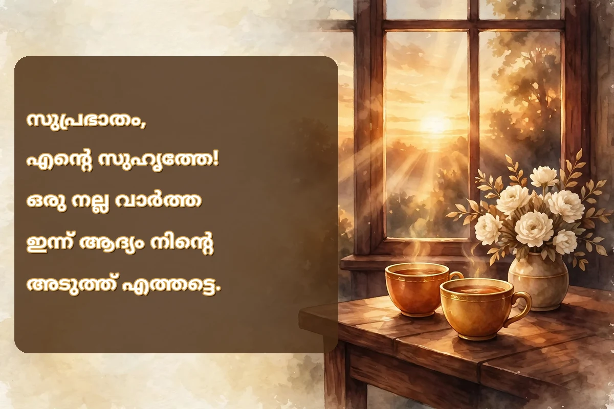 Morning blessings in Malayalam for a friend image with two tea cups and cream flowers on a kitchen table at sunrise