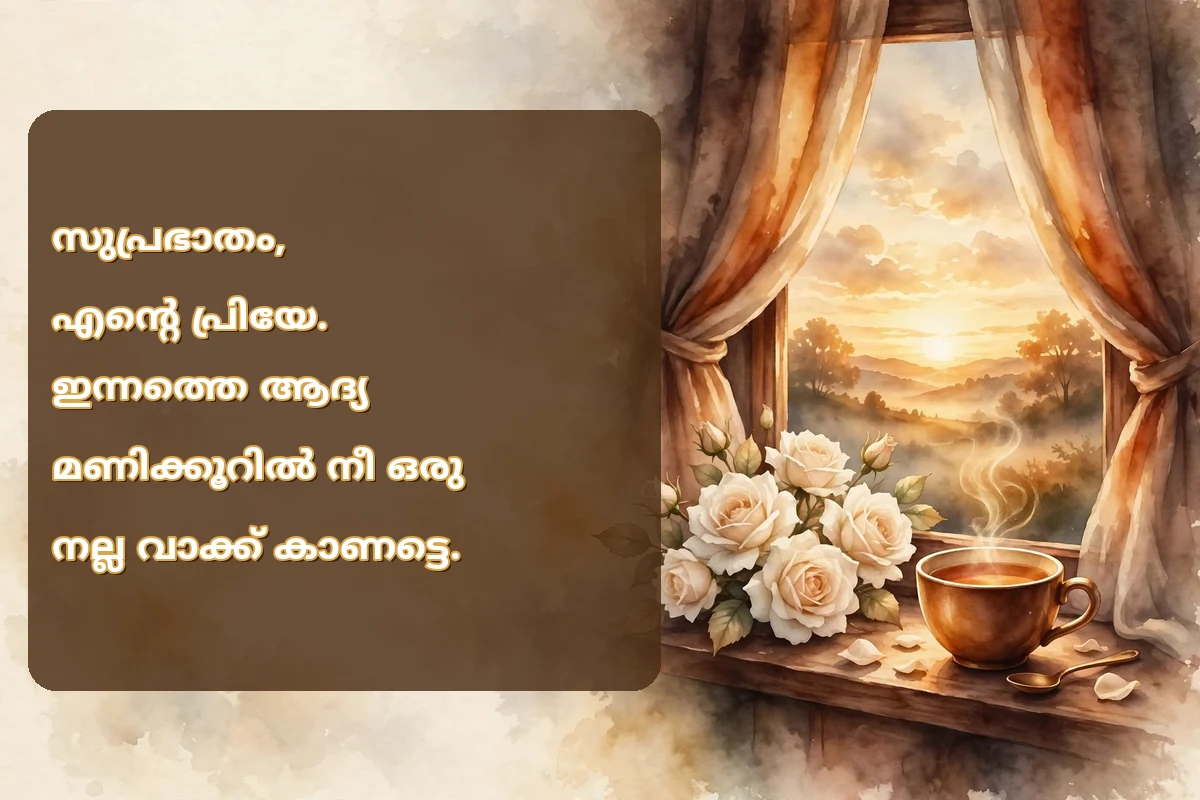 Morning blessings in Malayalam for someone you love image with cream roses and a warm tea cup by a sunrise window