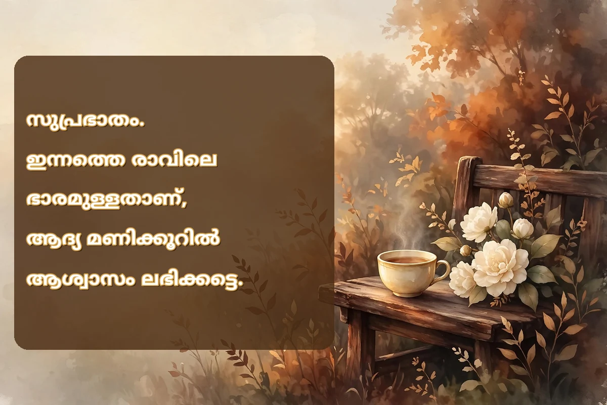Morning blessings in Malayalam on a hard morning image with a quiet garden bench, a tea cup and cream flowers at sunrise