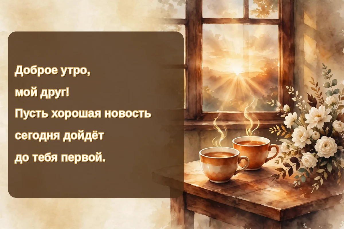 Morning blessings in Russian for a friend image with two tea cups and cream flowers on a kitchen table at sunrise