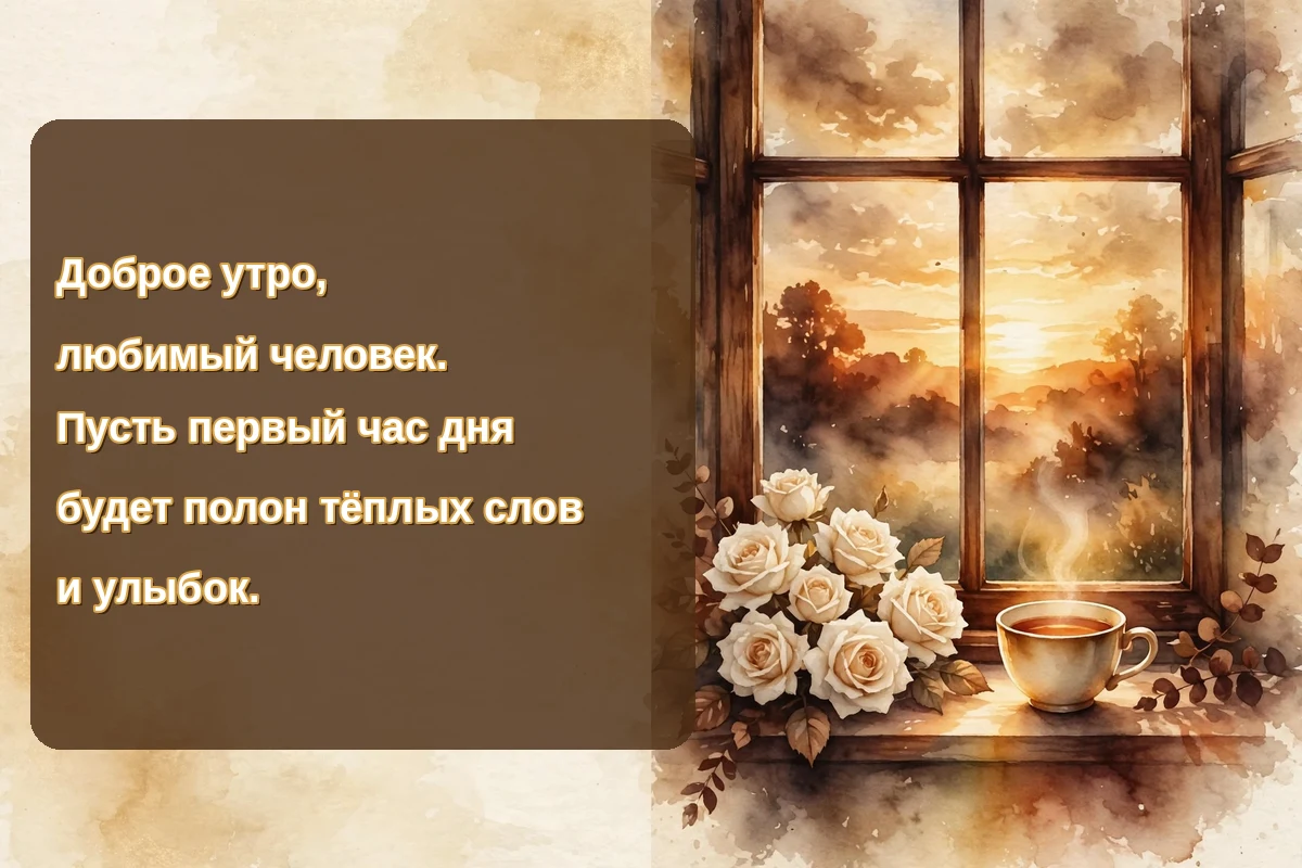 Morning blessings in Russian for someone you love image with cream roses and a warm tea cup by a sunrise window