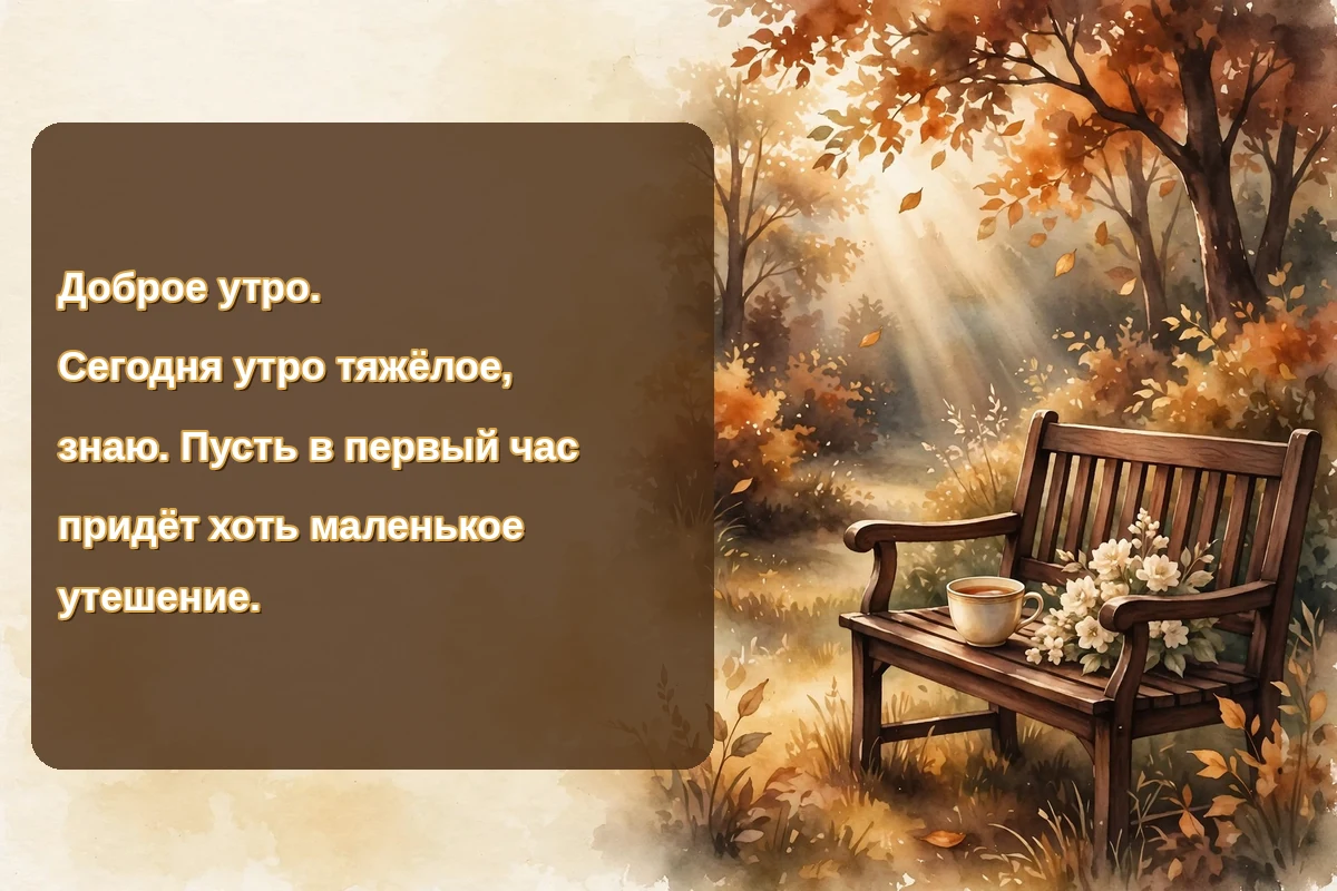 Morning blessings in Russian on a hard morning image with a quiet garden bench, a tea cup and cream flowers at sunrise