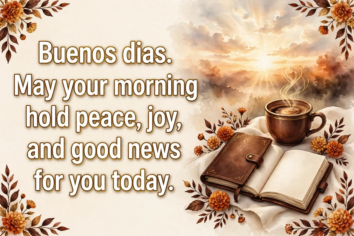 Morning blessings in Spanish image with a coffee cup and a journal at sunrise