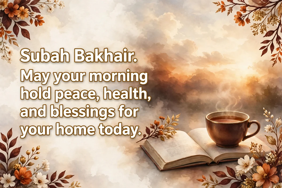 Morning blessings in Urdu image with a tea cup and an open book at sunrise