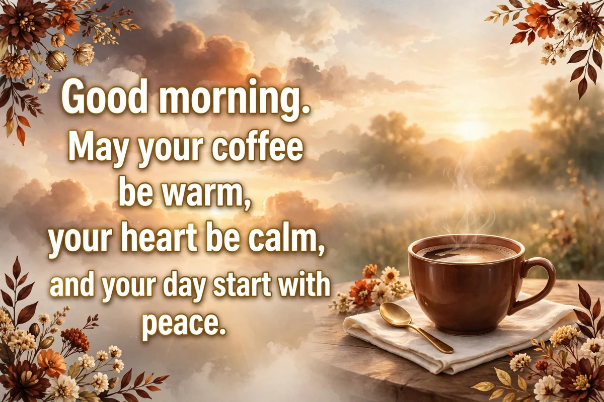 Special morning blessings for a coffee morning image with a coffee cup at sunrise