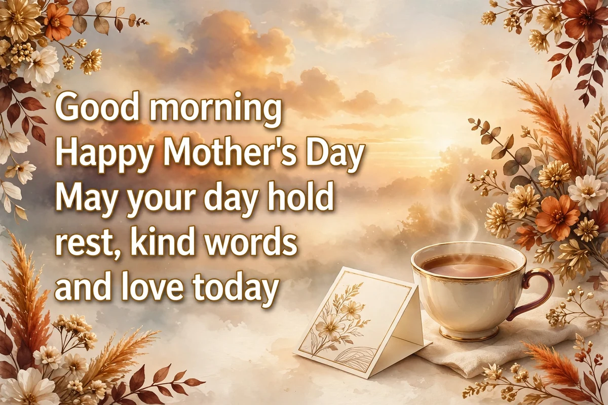 Mother's Day morning blessings image with gold flowers and a tea cup at sunrise