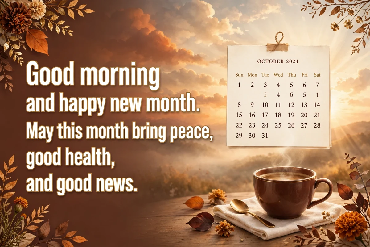 Special morning blessings for a new month image with a calendar and a coffee cup at sunrise