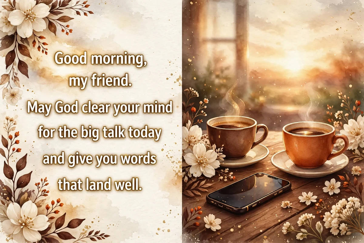 Protestant morning blessings for a friend image with two coffee cups and a phone on a kitchen table at sunrise with cream flowers