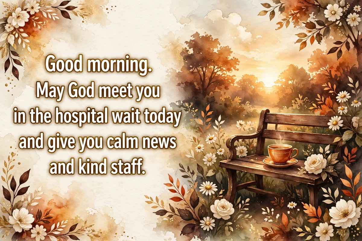 Protestant morning blessings for a hard morning image with a quiet garden bench, a tea cup and cream flowers at sunrise