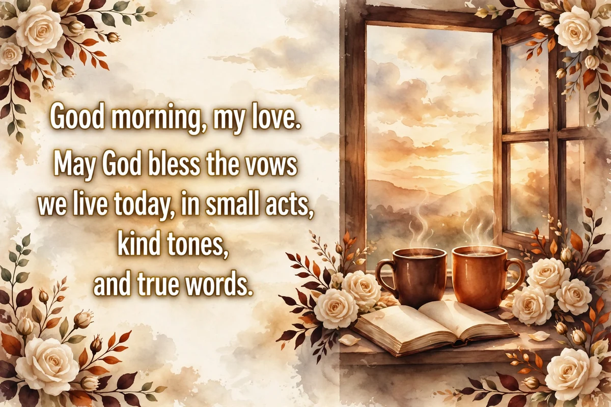 Protestant morning blessings for a husband or wife image with two mugs and an open book by a sunrise window with cream roses