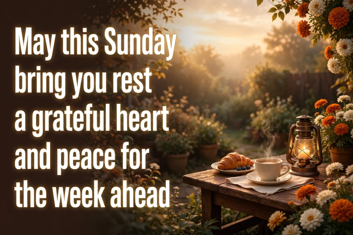 Sunday morning blessings for rest and gratitude image with a lantern and a breakfast table at sunrise