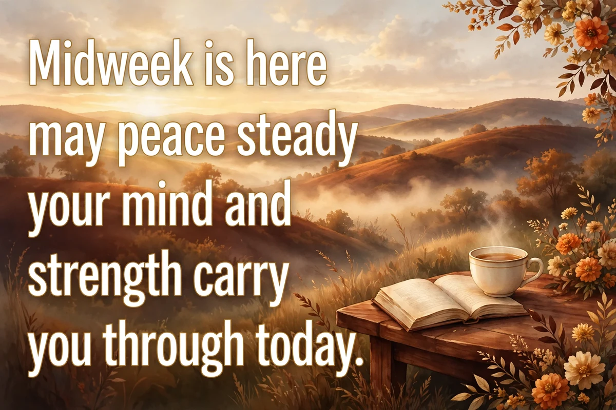 Wednesday morning blessings for midweek peace image with a tea cup and an open book at sunrise